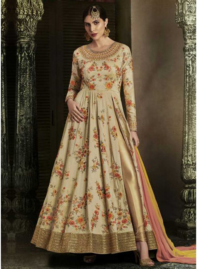 Beige Embroidery Boota Work Handloom Silk Wedding Anarkali Salwar Suit